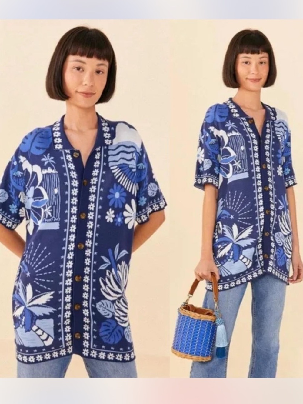 FARM Rio Blue & White Tropical Knit Button-Down Shirt